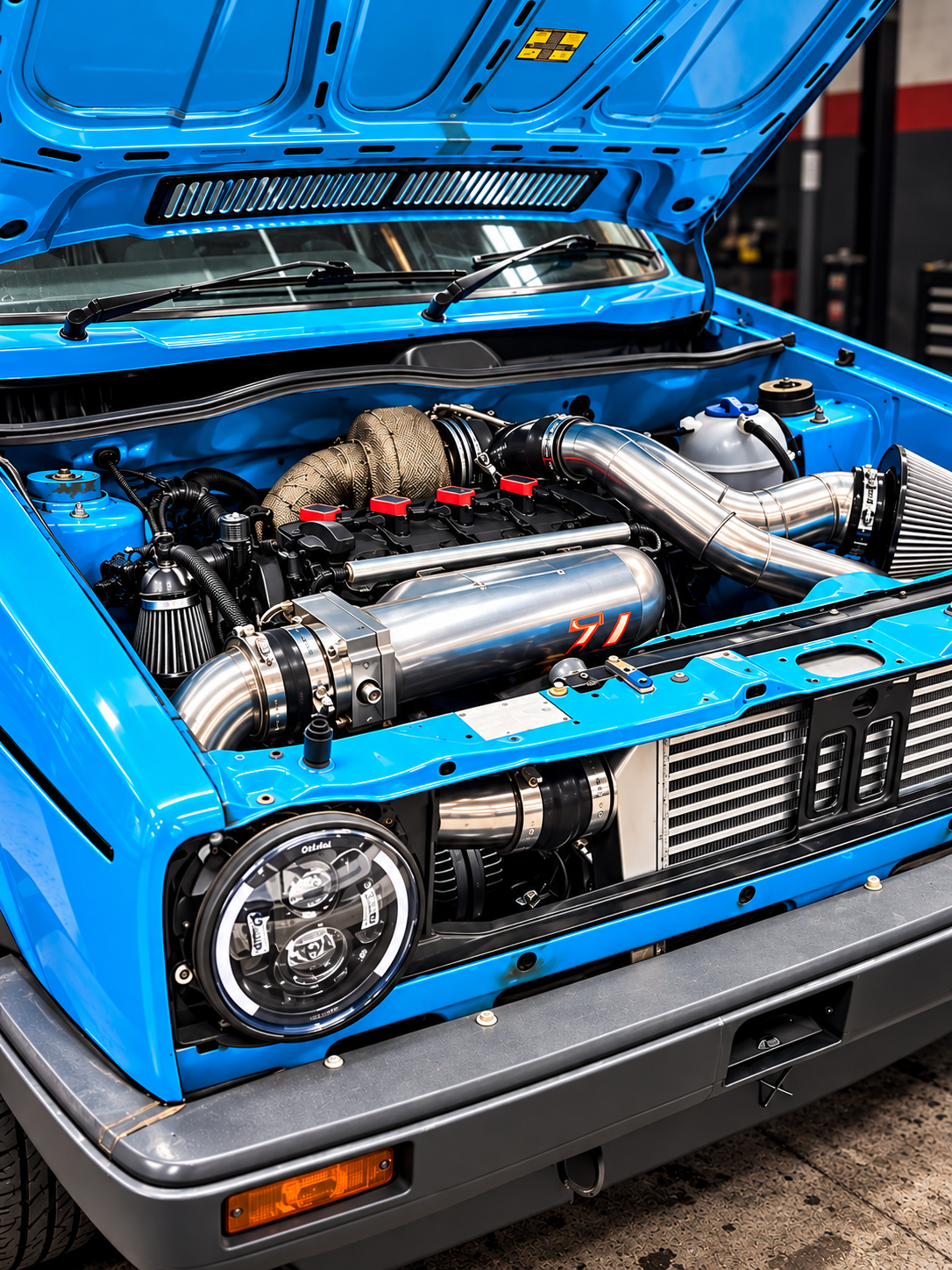 Bright blue performance vehicle with its bonnet open, showing custom turbo, intake and engine-bay work completed by BritzTech Developments