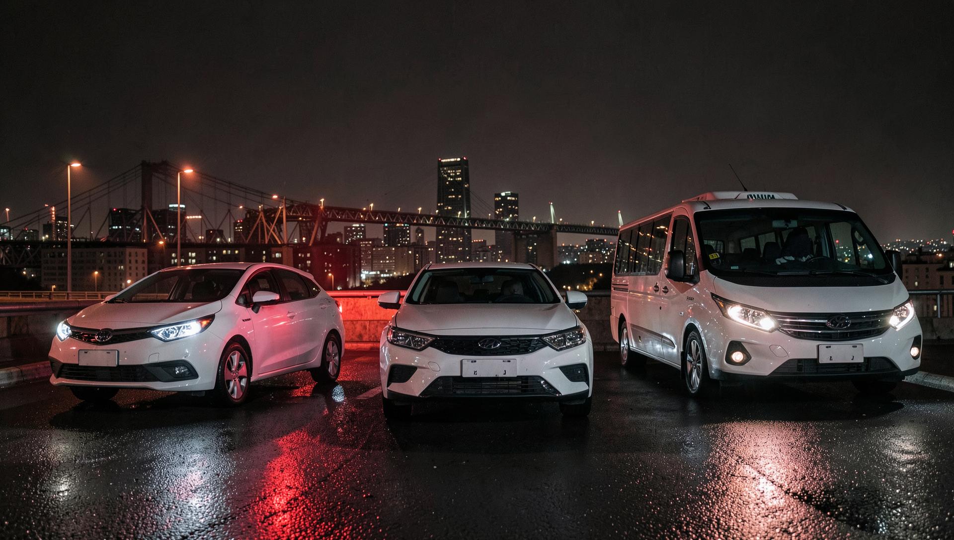 Illustration: e-hailing fleet vehicles on a wet city road at dusk with a technician nearby