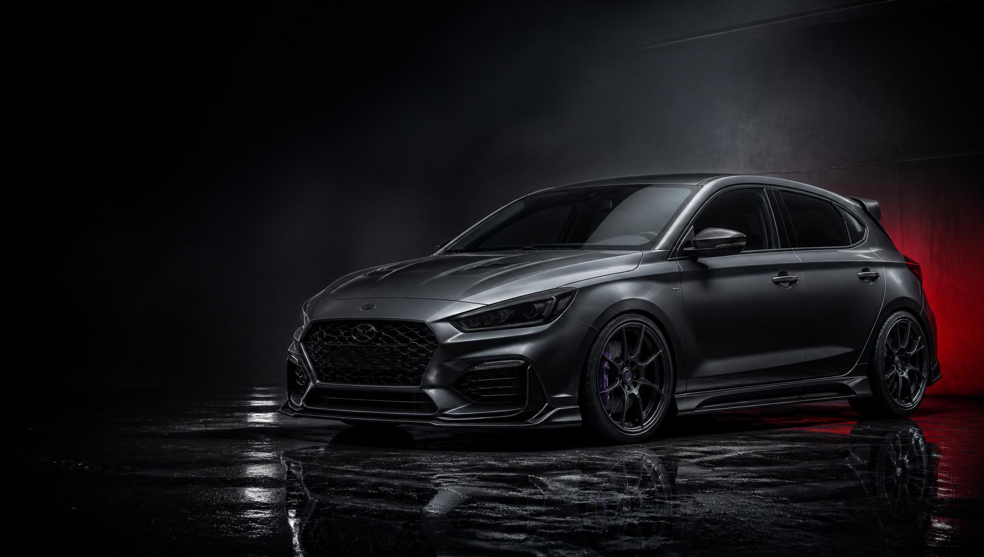 Illustration: a professionally enhanced road-ready performance hatchback in a dark automotive studio
