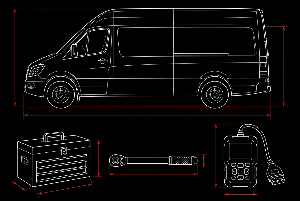 Technical line drawing of a service van with a toolbox, torque wrench and diagnostic scanner