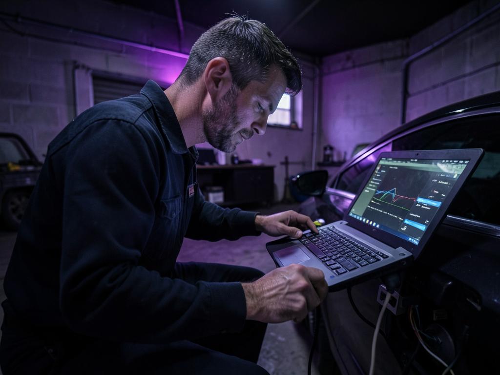 Technician running diagnostics on a vehicle with a laptop