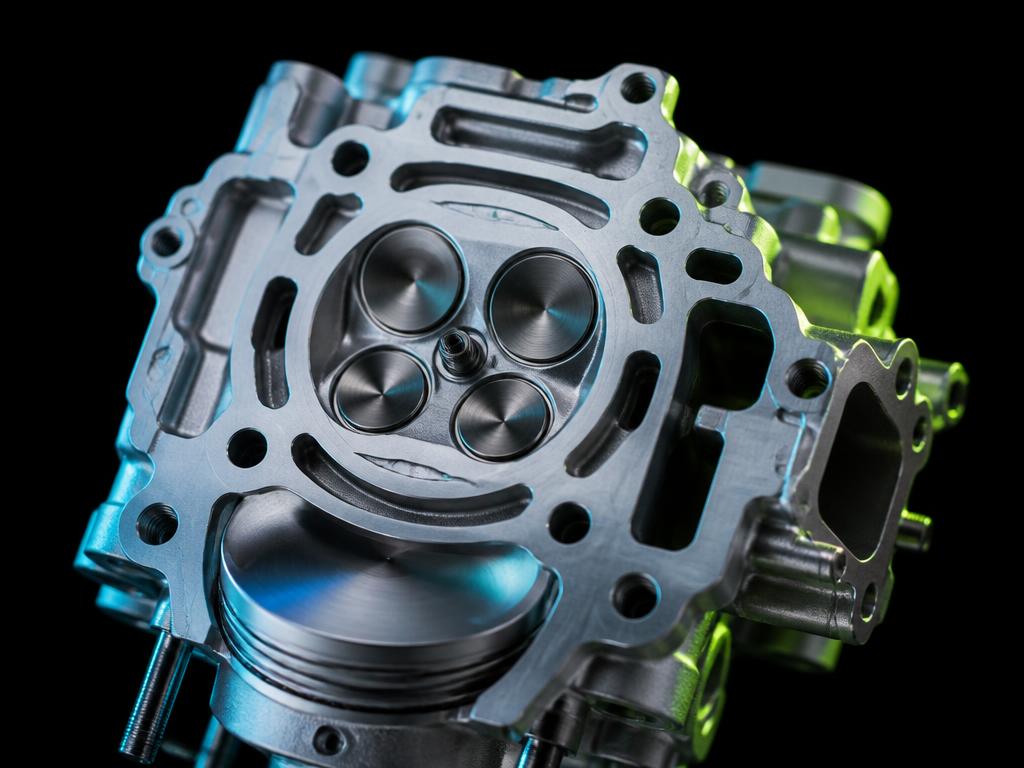 Close-up illustration of an engine cylinder head, valves and piston
