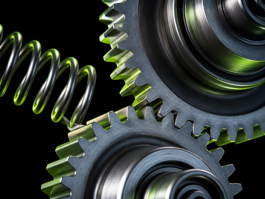 Close-up illustration of gearbox gears and a suspension spring