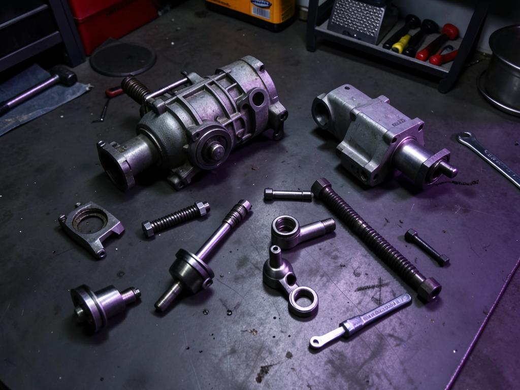 Gearbox and suspension components laid out on the workshop floor