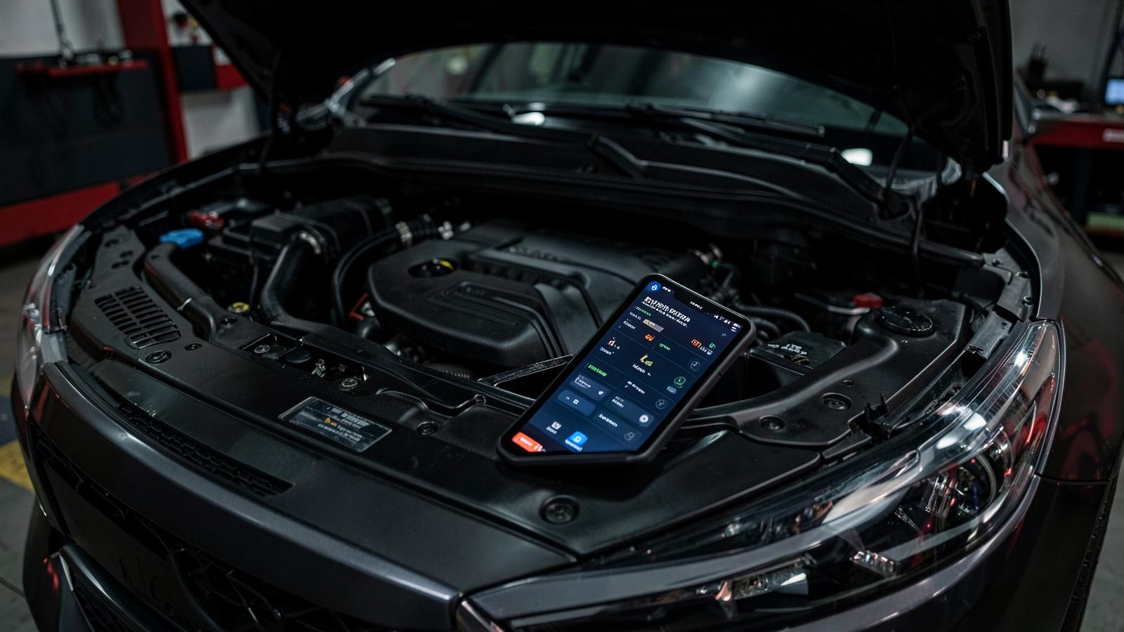 Mechanic carrying out a service inspection under the bonnet with a diagnostic scan tool alongside